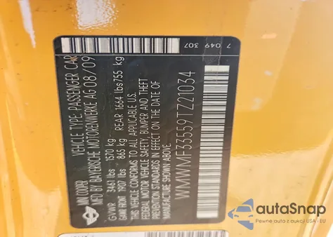 2009 Mini Cooper z USA, uszkodzony, nr VIN WMWMF33559TZ21034